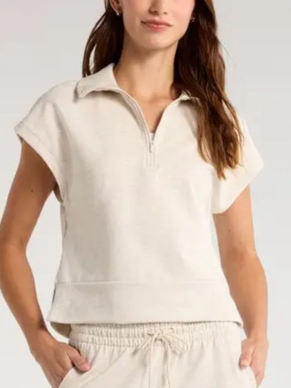Zella Tempo Terry Half-zip Short-sleeve Sweatshirt Ivory Birch Oatmeal S NWT